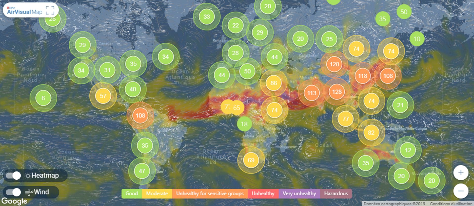 La qualité de l'air dans le monde le 05/03/19 à 18h00 