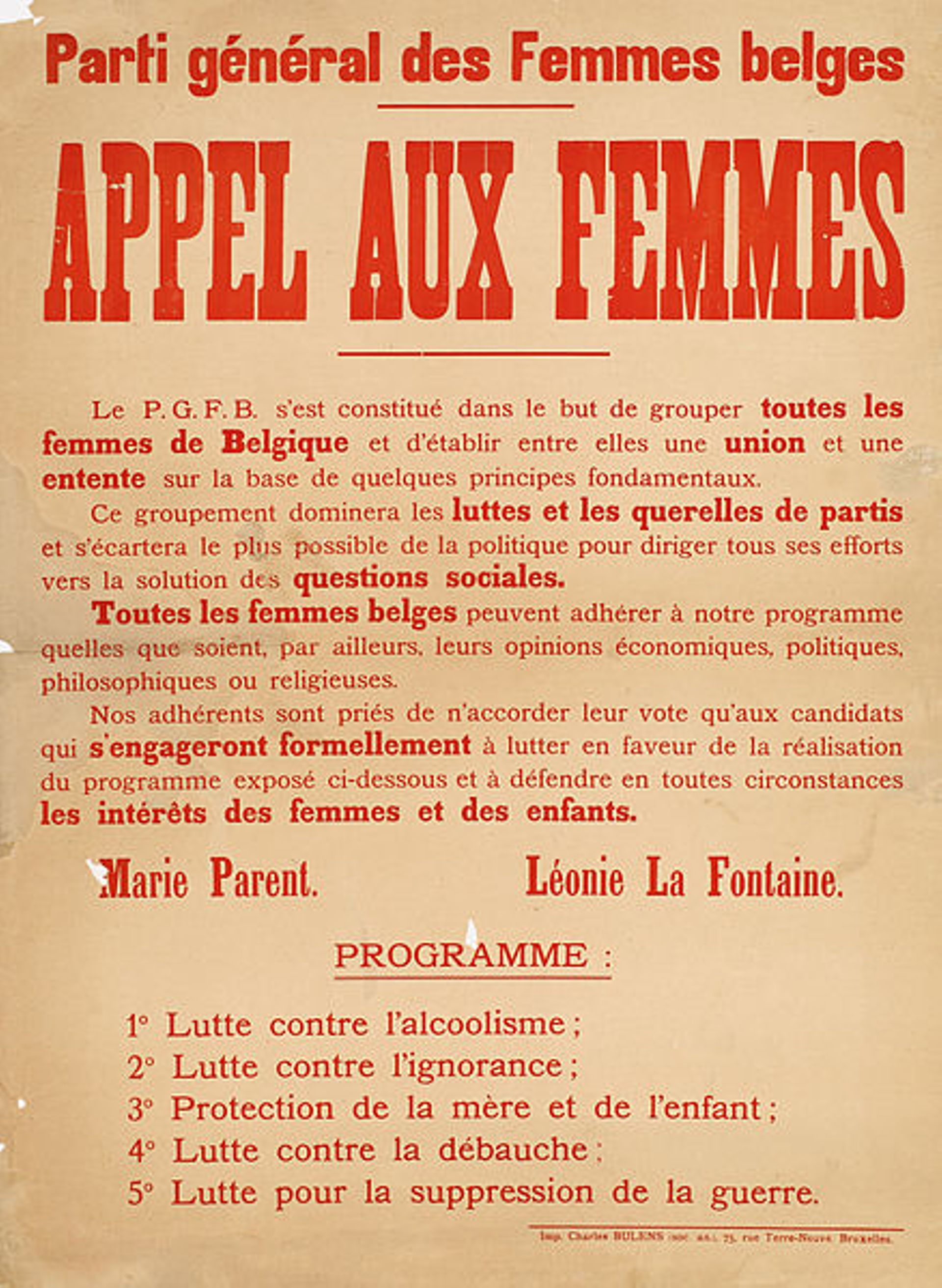 "Appel aux femmes" du Parti général des Femmes belges, fondé par Léonie La Fontaine et Marie Parent.
