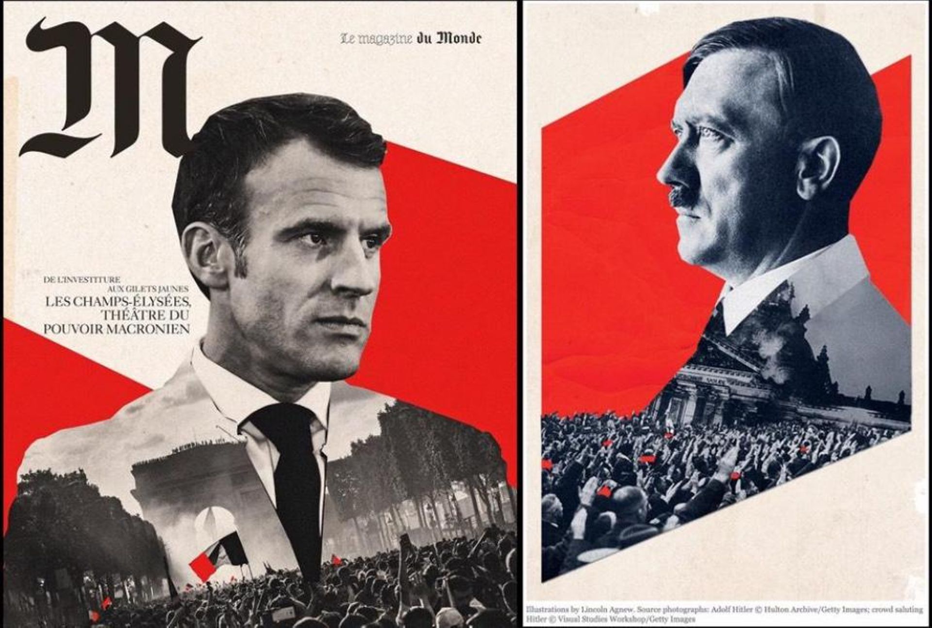 Couverture de "M Le magazine du Monde" à gauche, photo-montage de Lincoln Agnew pour Harper's à droite.