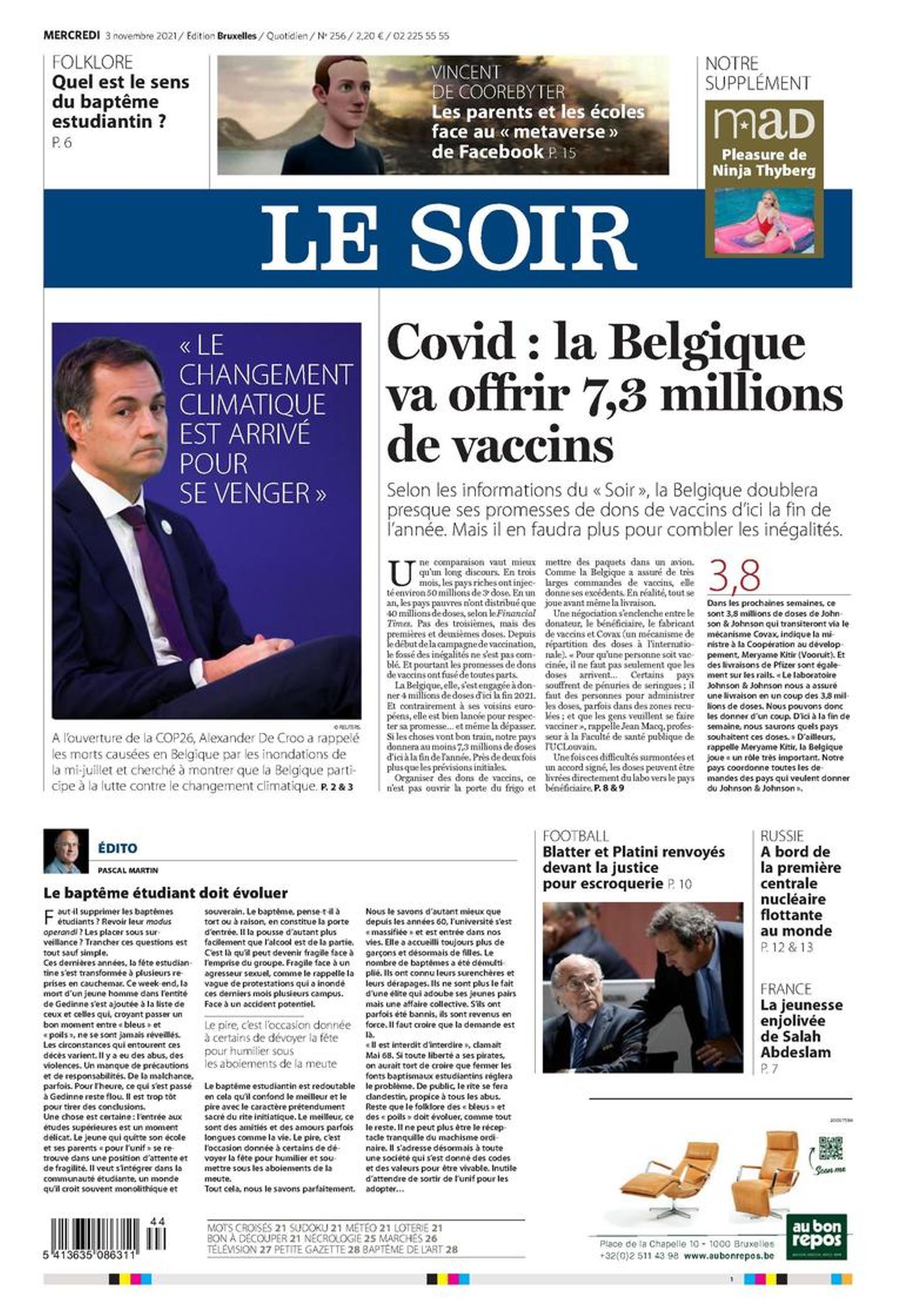 Une du journal Le Soir.