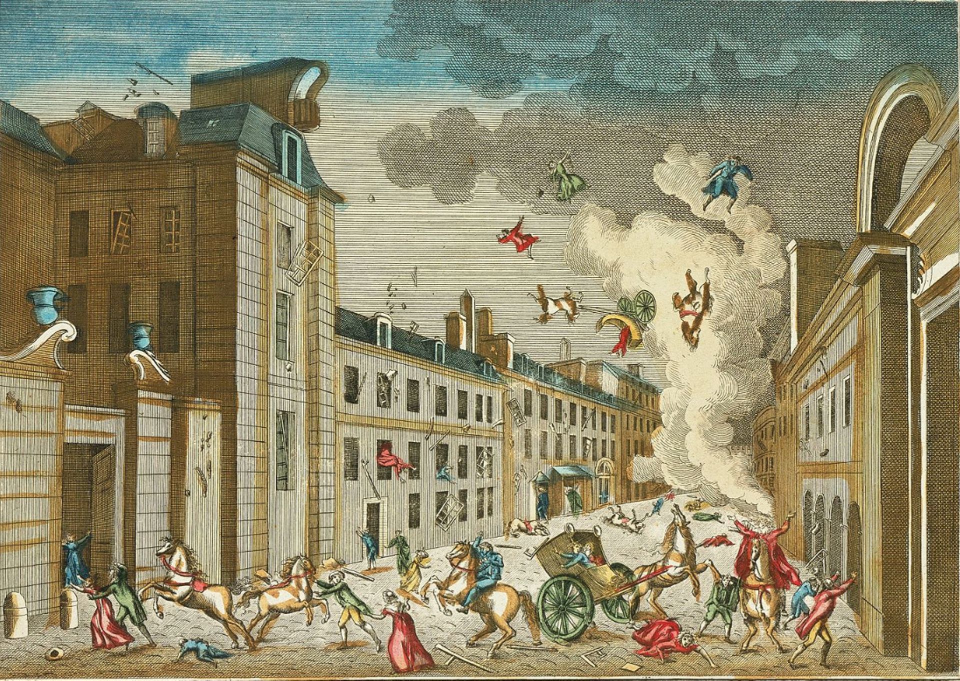Attentat de la rue Saint-Nicaise à Paris contre le 1er consul, le 3 nivôse au 9 (24 décembre 1800), aquarelle, estampe colorée, Musée National du château de Versailles, auteur inconnu, date inconnue.