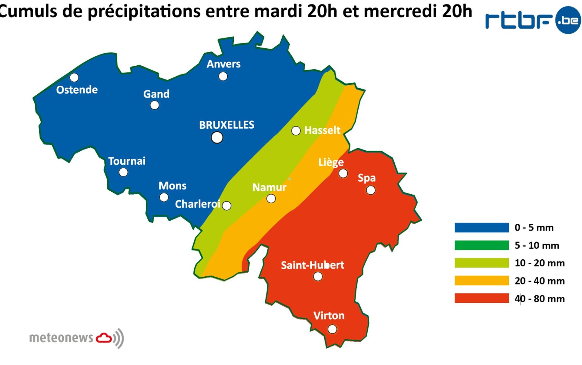 Carte des cumuls de précipitations entre mardi 20h et mercredi 20h