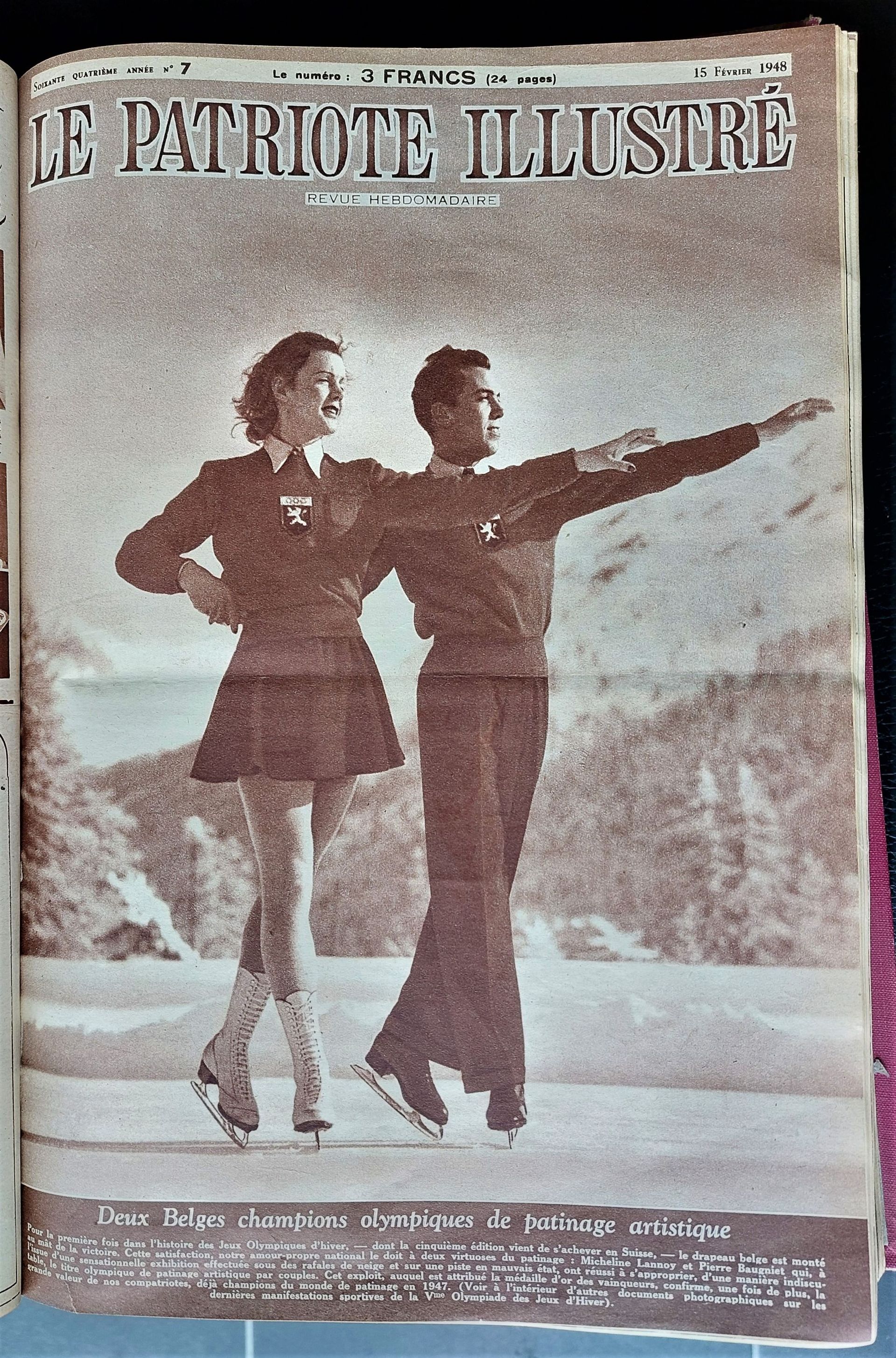 couverture de la revue "Le Patriote illustré" du 15 février 1948 mettant en exergue la première grande victoire olympique d'hiver de la Belgique, avec Micheline Lannoy et Pierre Baugniet. 