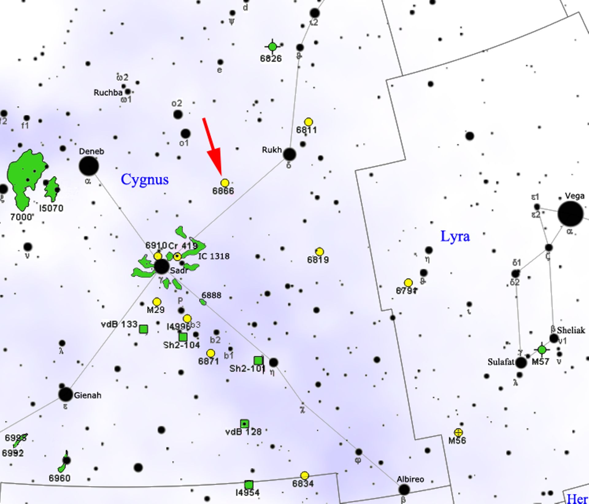 KIC 8462852 coincée aux confins des constellations du cygne et de la lyre.