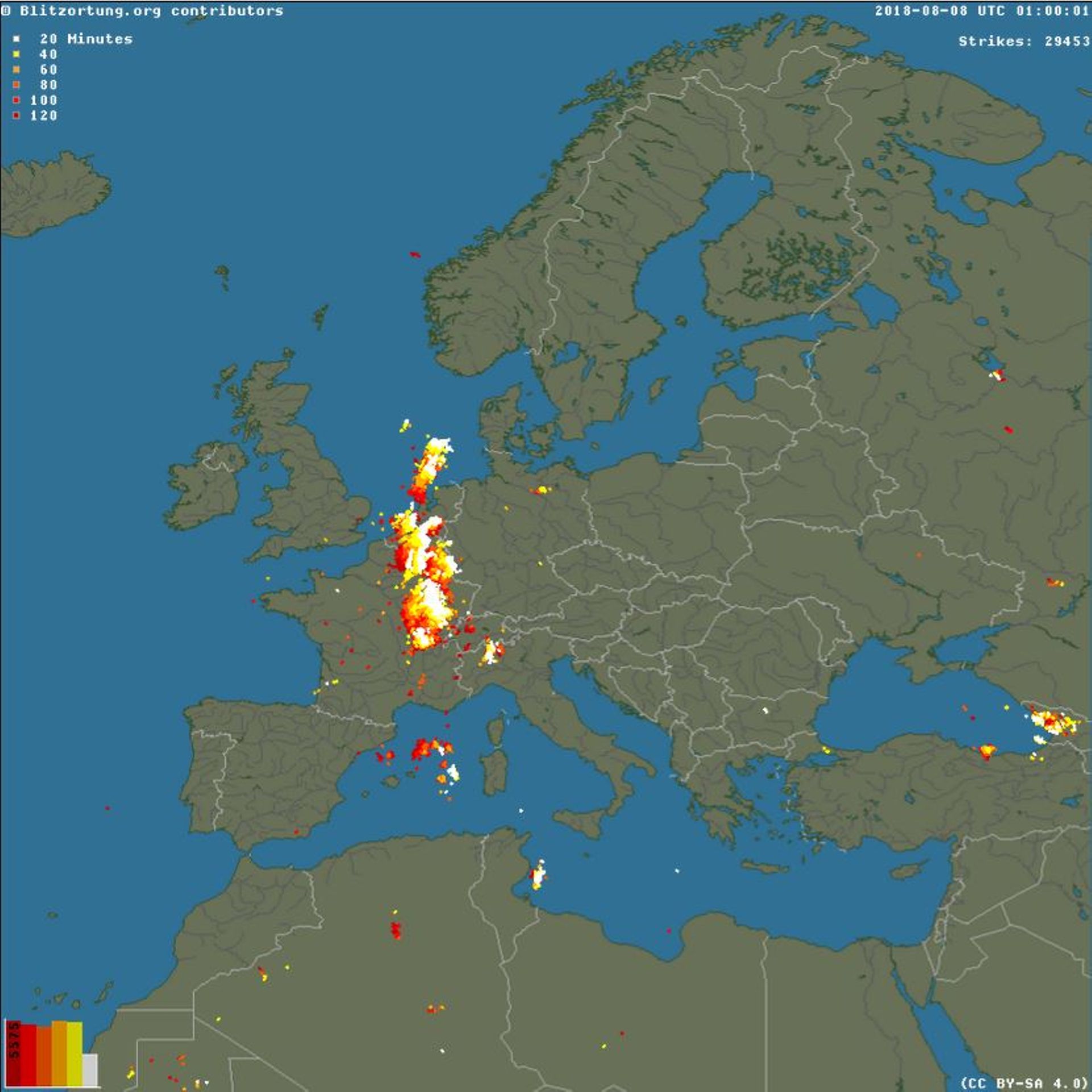 Les impacts de foudre en Europe ce 8 août 2018 à 1h du matin