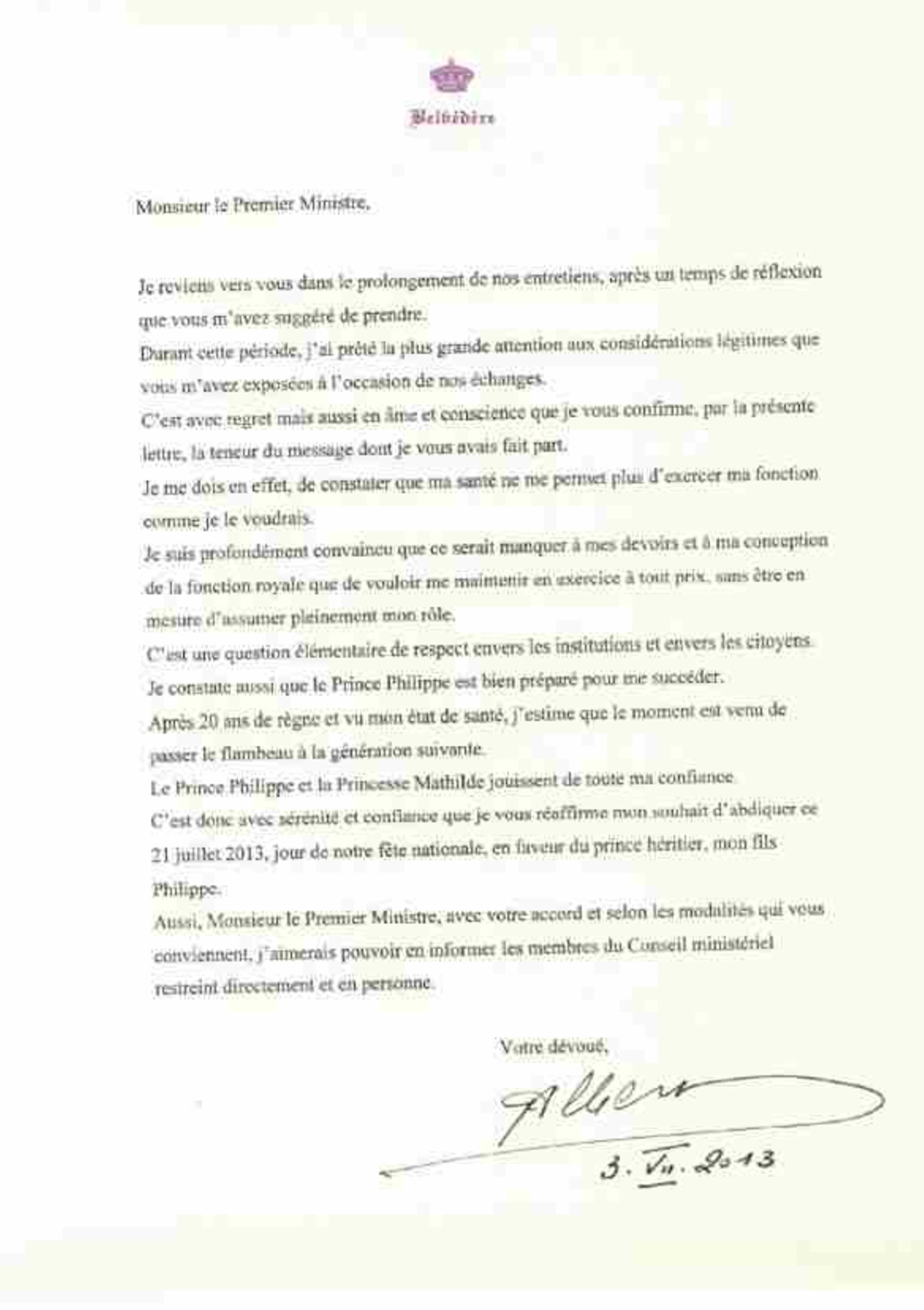 La lettre du roi Albert II au Premier ministre Elio Di Rupo 