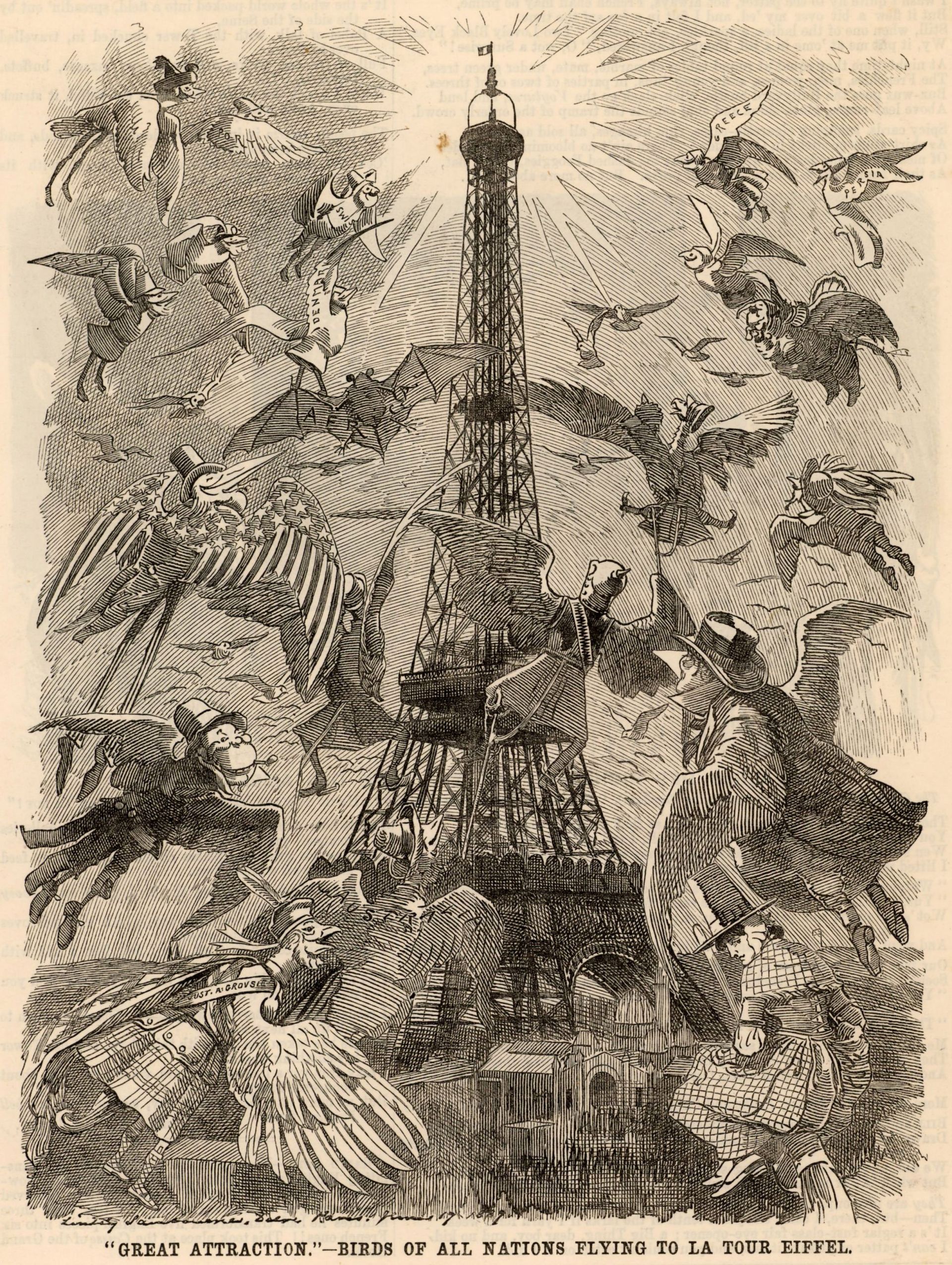 « Les oiseaux de toutes les nations volant vers la tour Eiffel », une allégorie de l’exposition de 1889. 