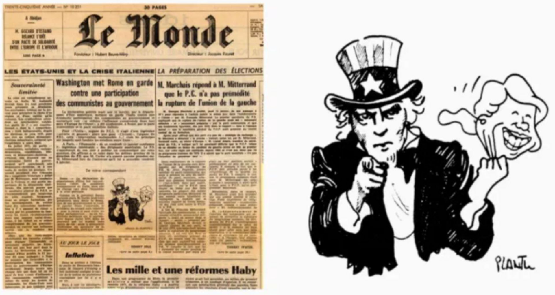 Premier dessin de Plantu publié en Une du Monde le 14 janvier 1978, "Oncle Sam brandit le masque de Jimmy Carter".