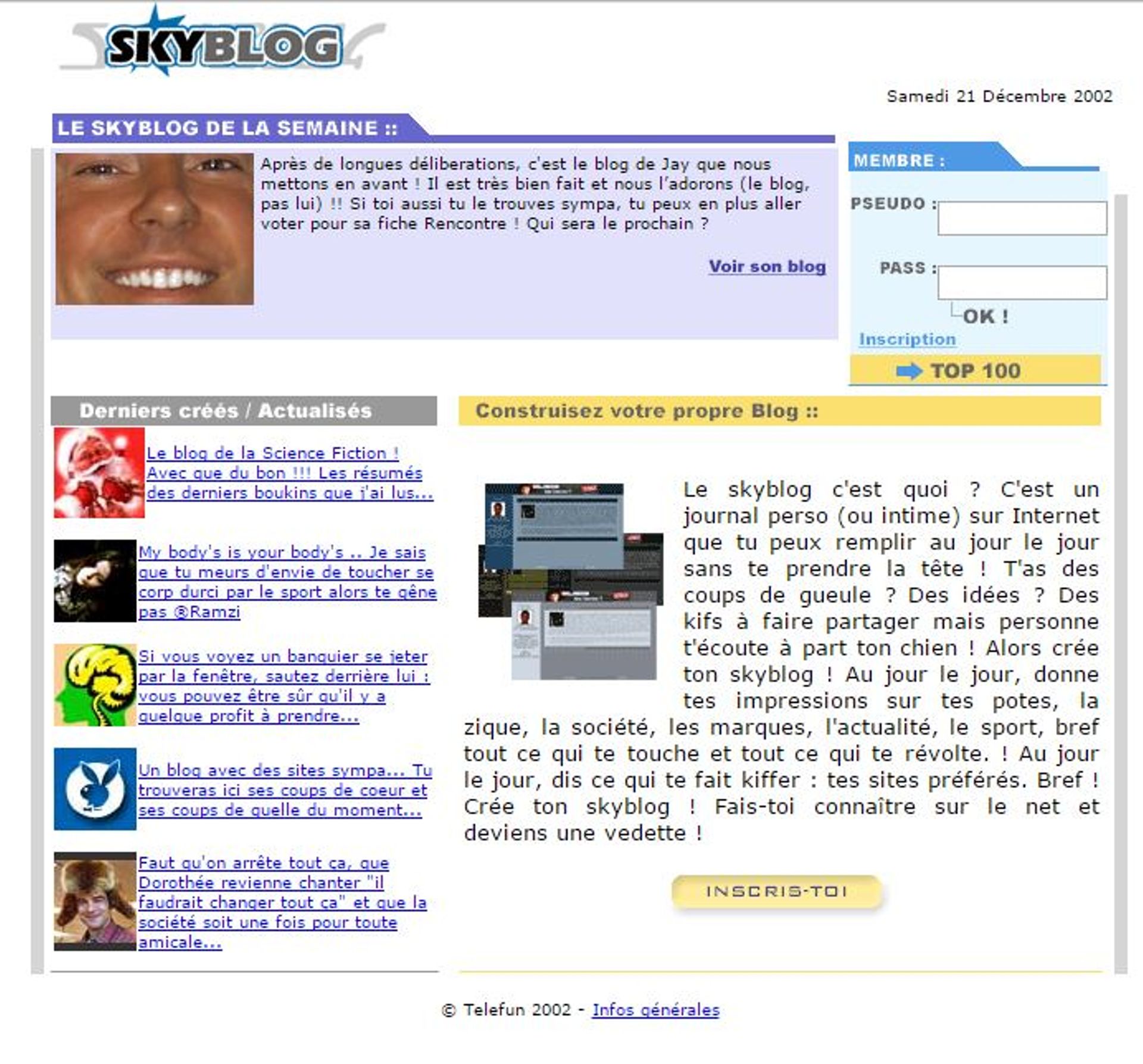 La toute première capture d'écran de la page d'accueil de Skyblog.com conservée par la Wayback Machine