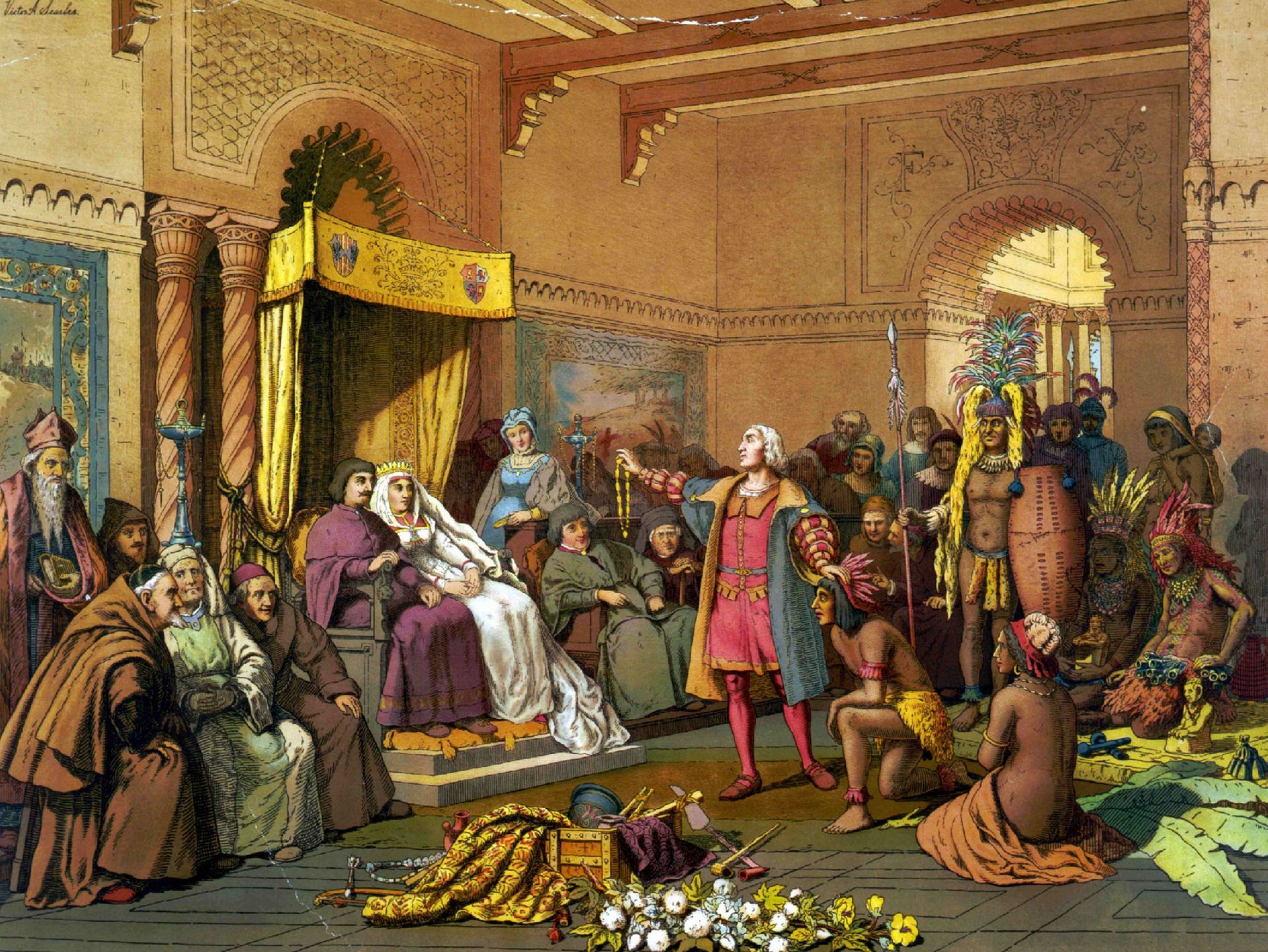 A Barcelone, Christophe Colomb dévoile les richesses du Nouveau monde à Ferdinand et Isabelle. 
