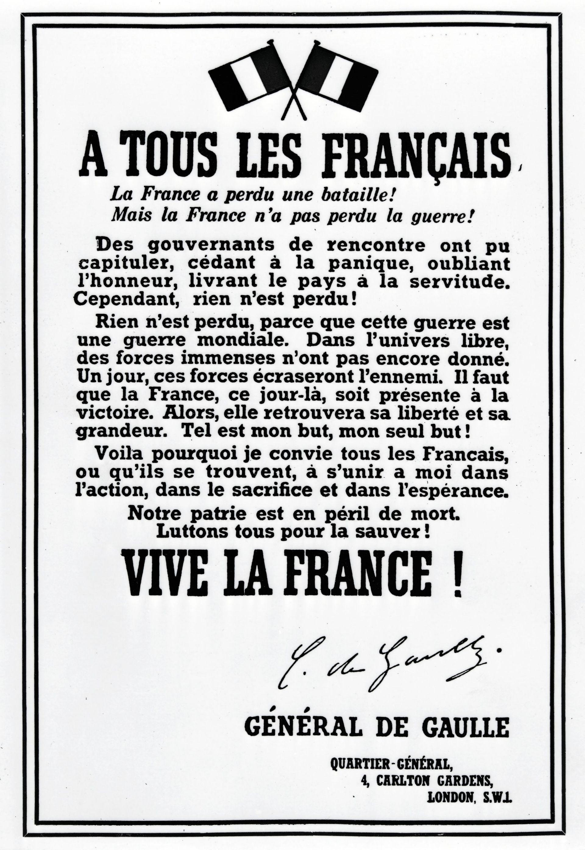 Affiche d'appel à rejoindre la France Libre du général de Gaulle