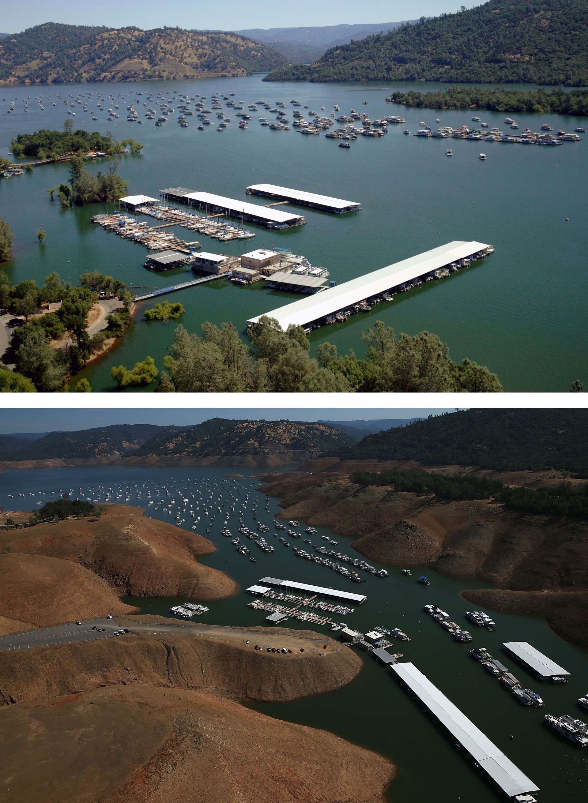 La Marina Bidwell du Lac d'Oroville le 20 juillet 2011 et le 19 août 2014.
