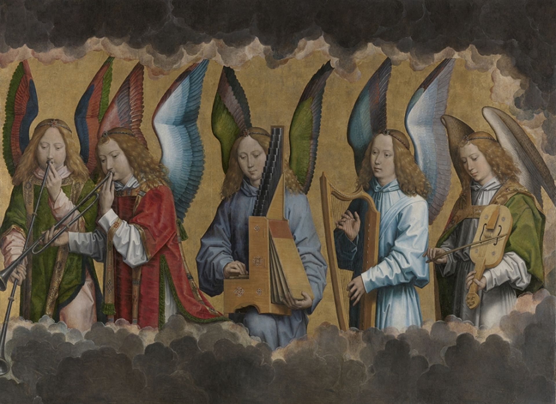 Détail du panneau droit du triptyque Dieu le Père entouré d’anges chanteurs et musiciens d’Hans Memling, Musée des Beaux-Arts d’Anvers