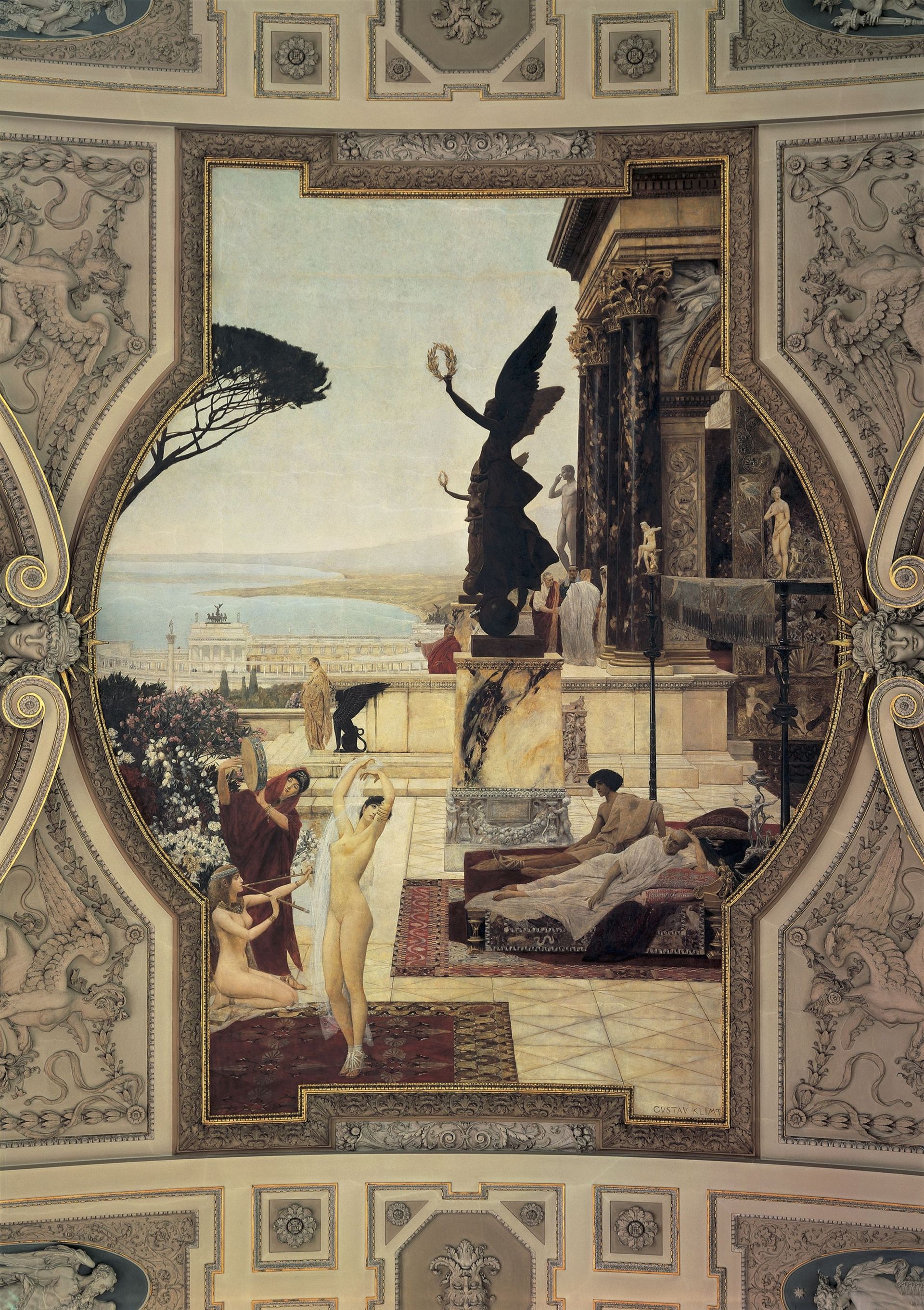 Ancien Théâtre grec de Taormina, peint par Gustav Klimt, dans le Grand Escalier du Burgtheater de Vienne.