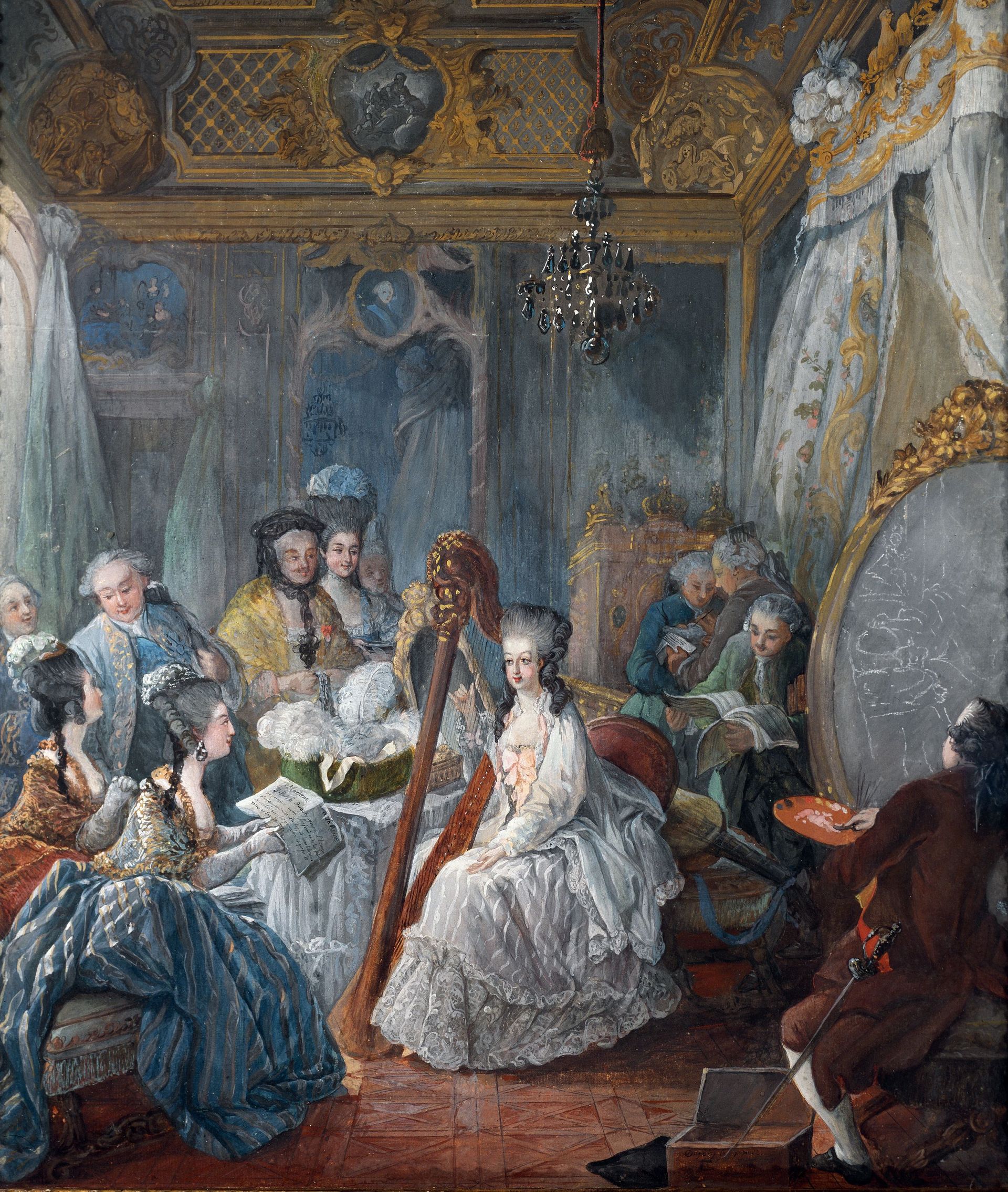 Marie Antoinette jouant de la harpe à la cour de Versailles en 1777 