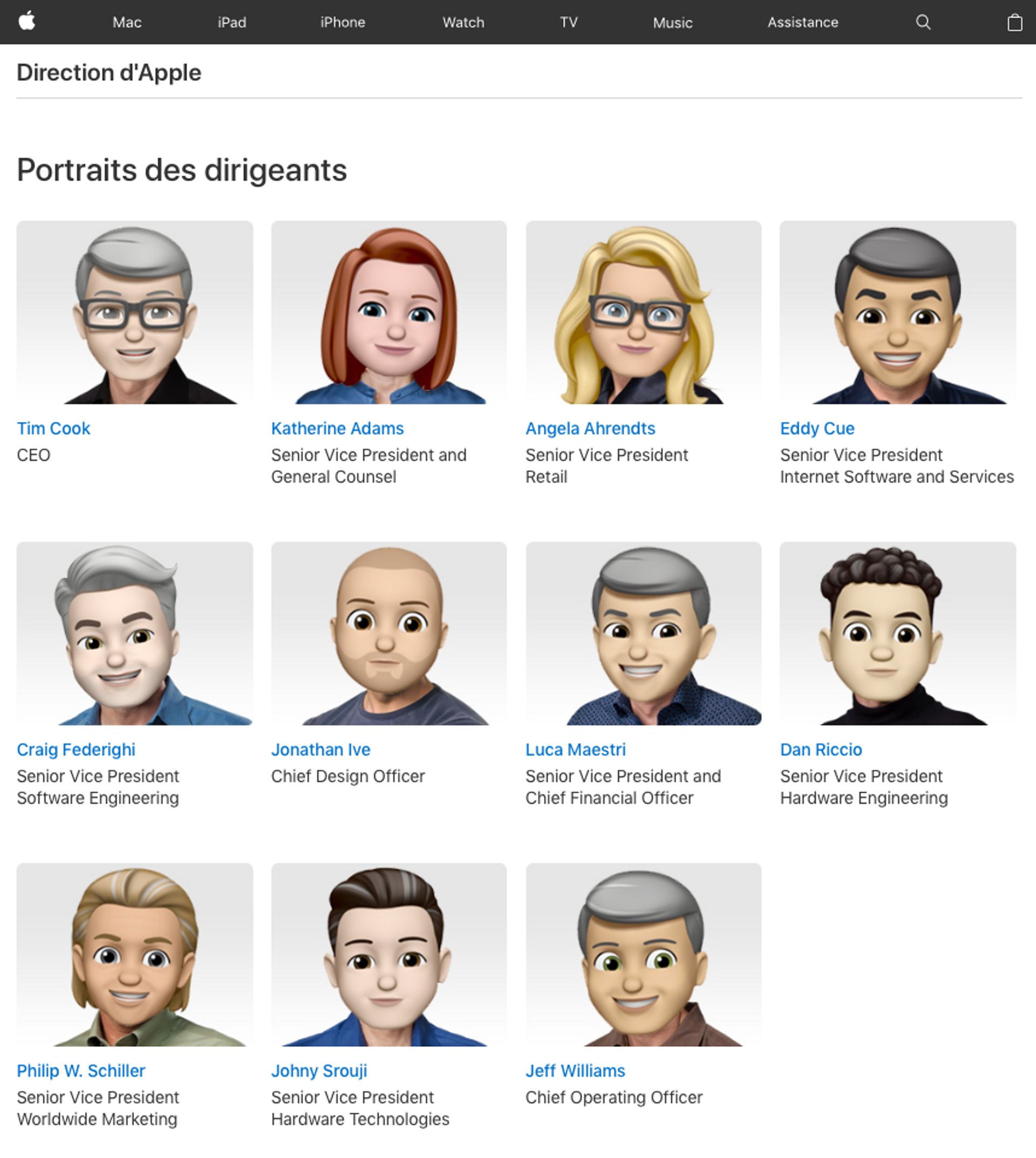 Sur la galerie de portraits des dirigeants d'Apple, les Memojis ont remplacé les visages.