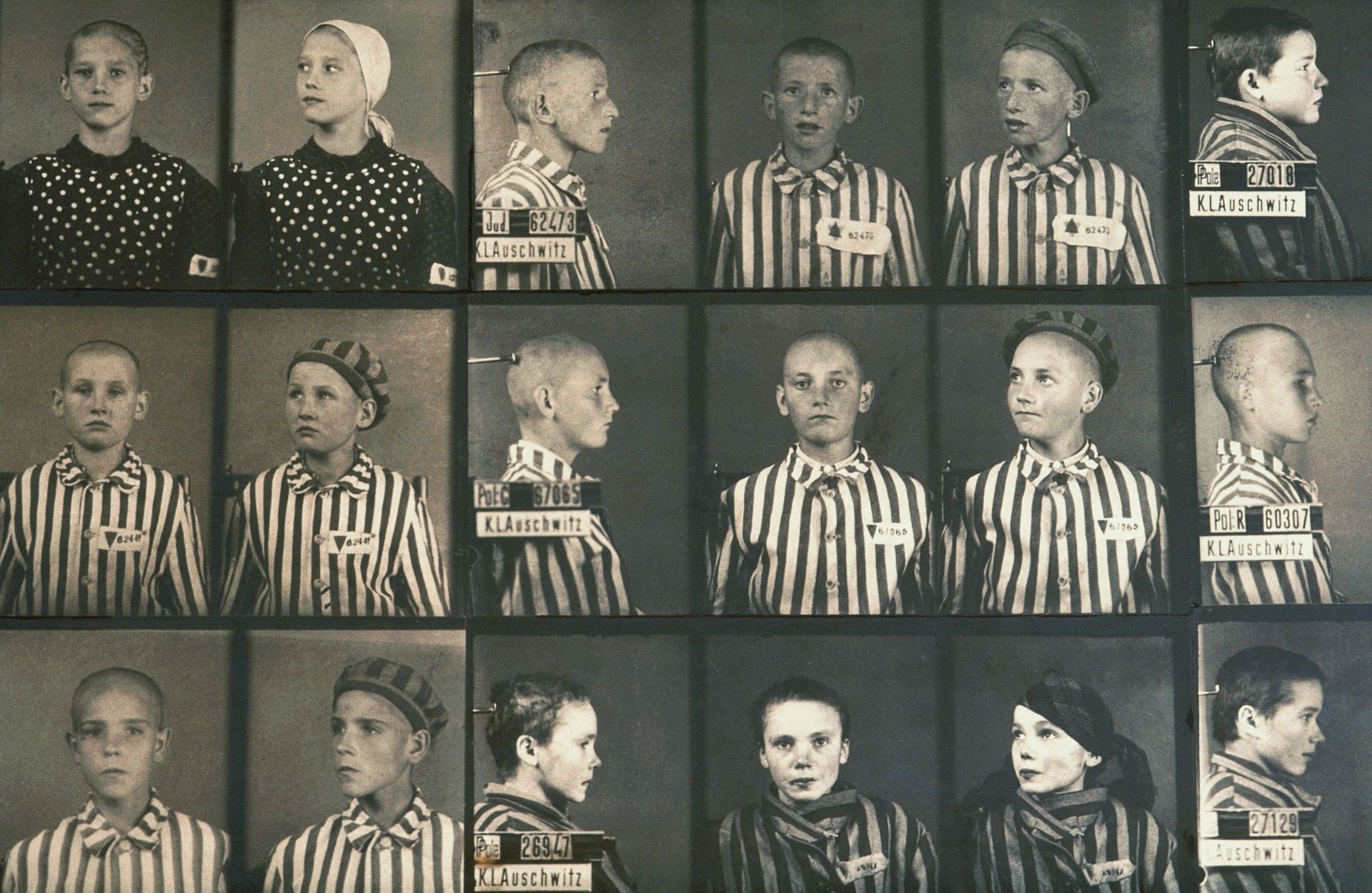 Des enfants prisonniers à Auschwitz, dont, au centre en haut, Mamet Merenstein, un Juif portant le numéro 62473.