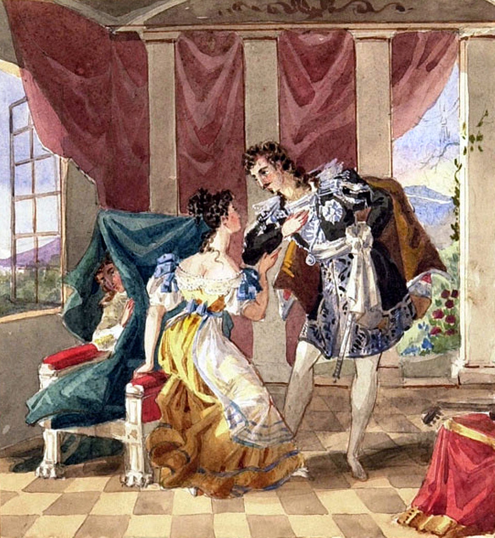 Acte I : Le comte fait des avances à Suzanne tandis que Chérubin est dissimulé sur le fauteuil (Aquarelle anonyme)