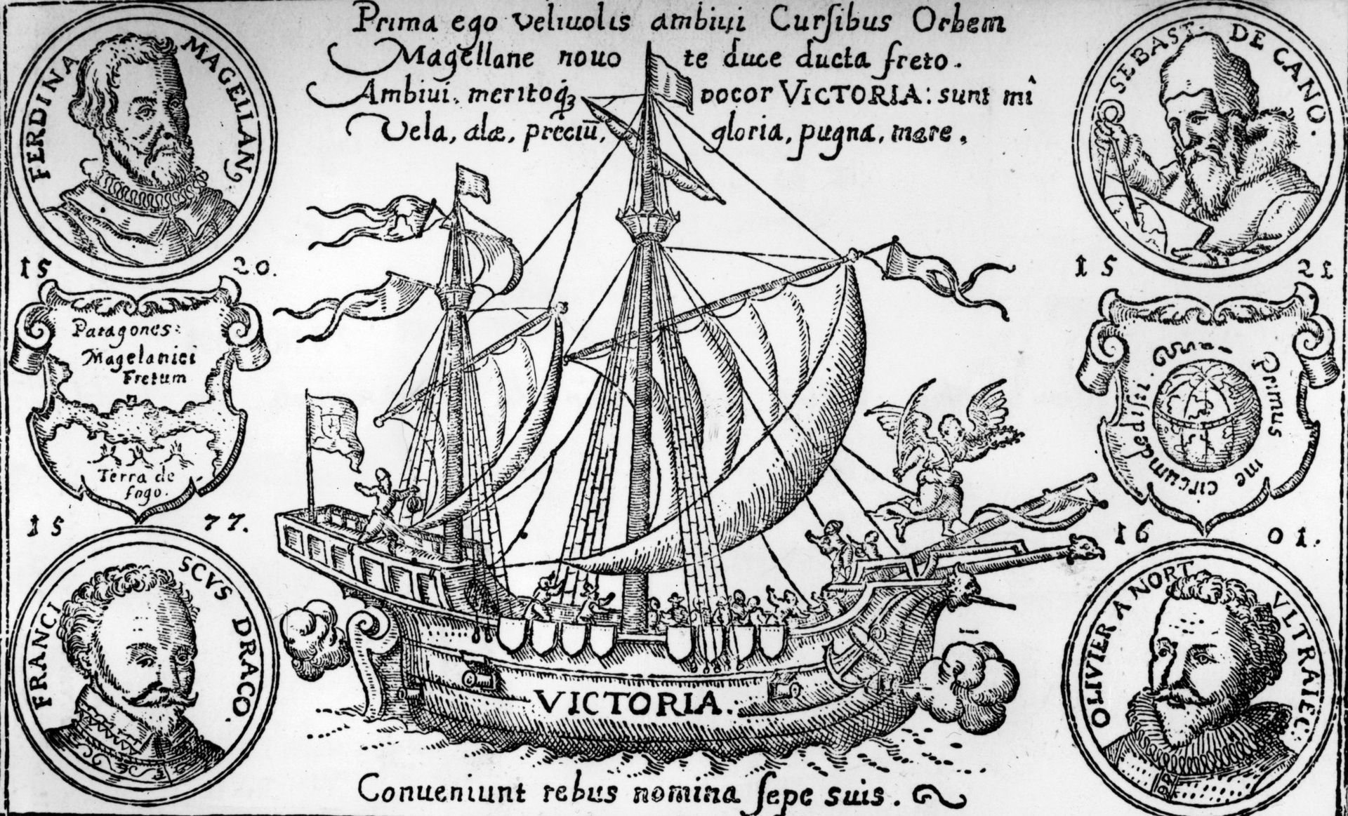 Gravure représentant le Victoria, le seul navire de la flotte de Magellan qui terminera la circumnavigation entreprise en 1519.