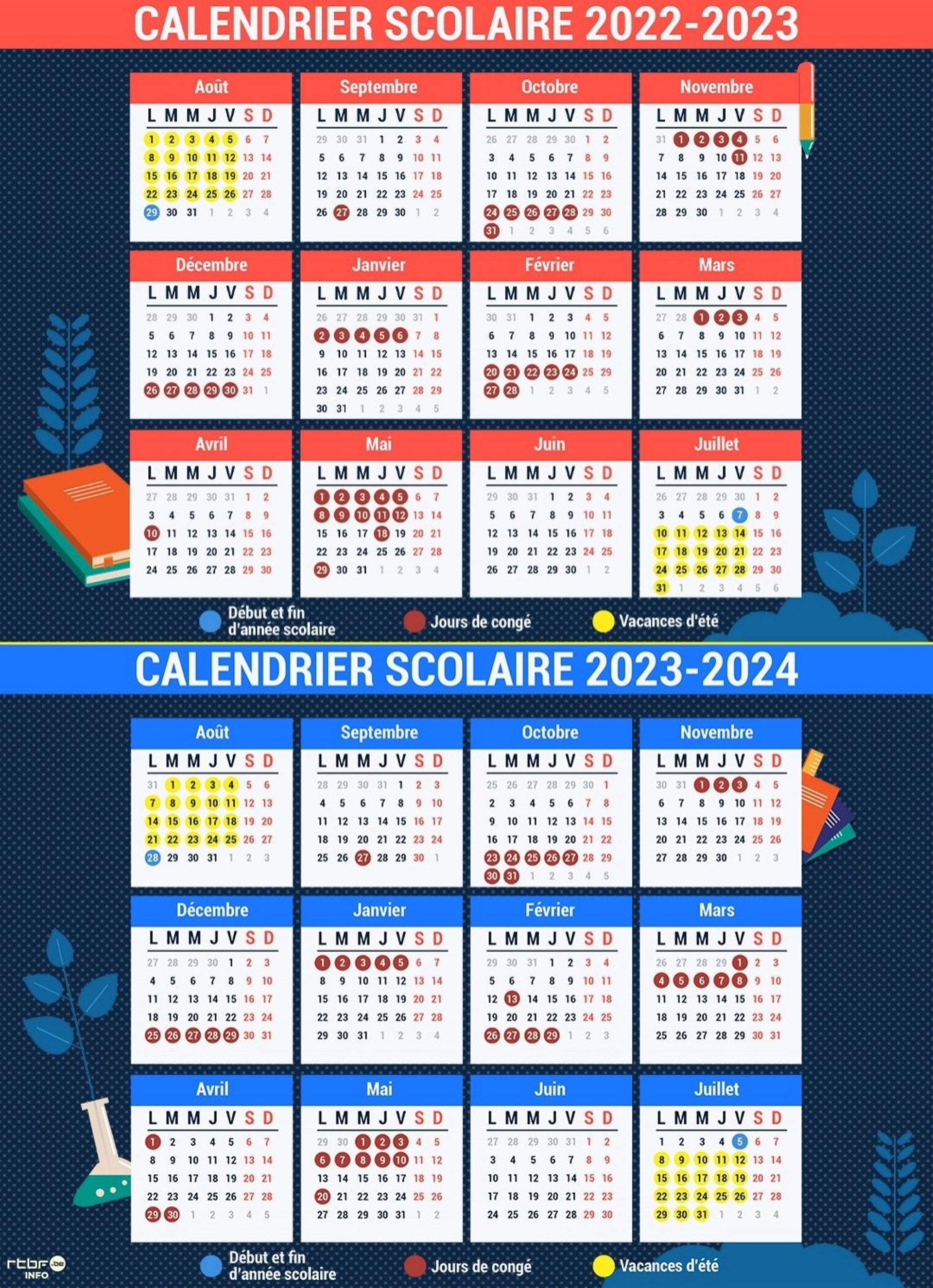 Calendrier 2023 avec vacances scolaires et jours fériés à imprimer