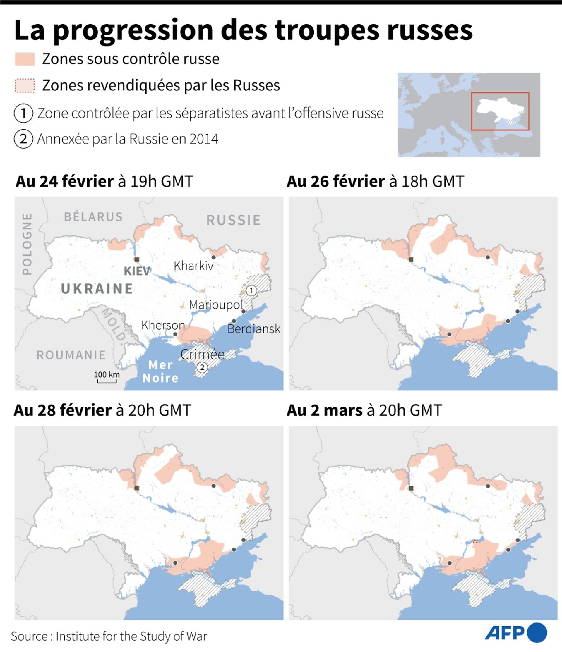 Cartes d’Ukraine comparant les zones sous contrôle russe au 24 février à 19h GMT, au 26 février à 18h GMTGMT, au 28 février à 20h GMT et au 2 mars à 20h GMT.
