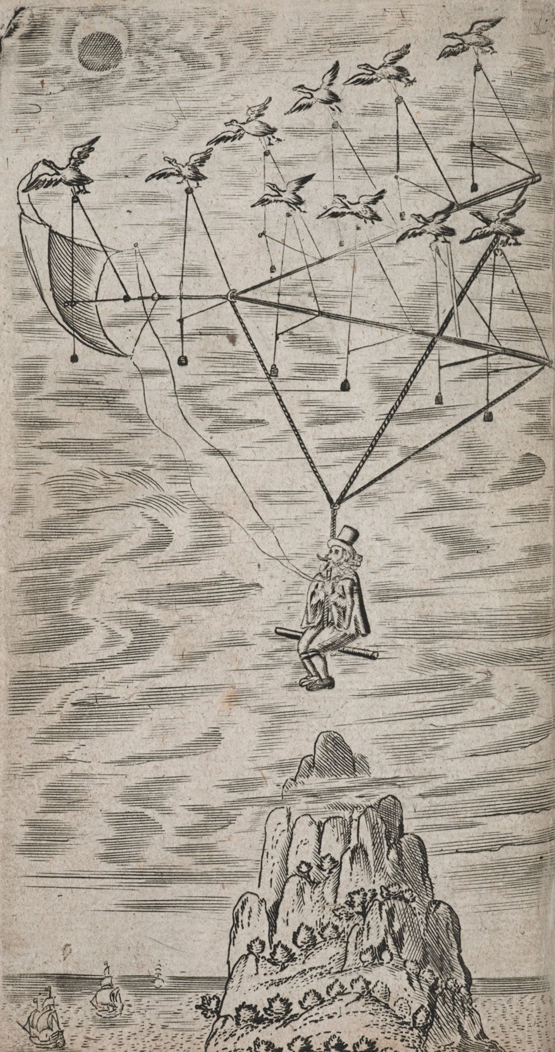 Extrait de « L’Homme dans la lune », de Francis Godwin, édition de 1657 : l’engin tiré par des oies, permettant à Domingo Gonsales de se rendre sur la Lune.