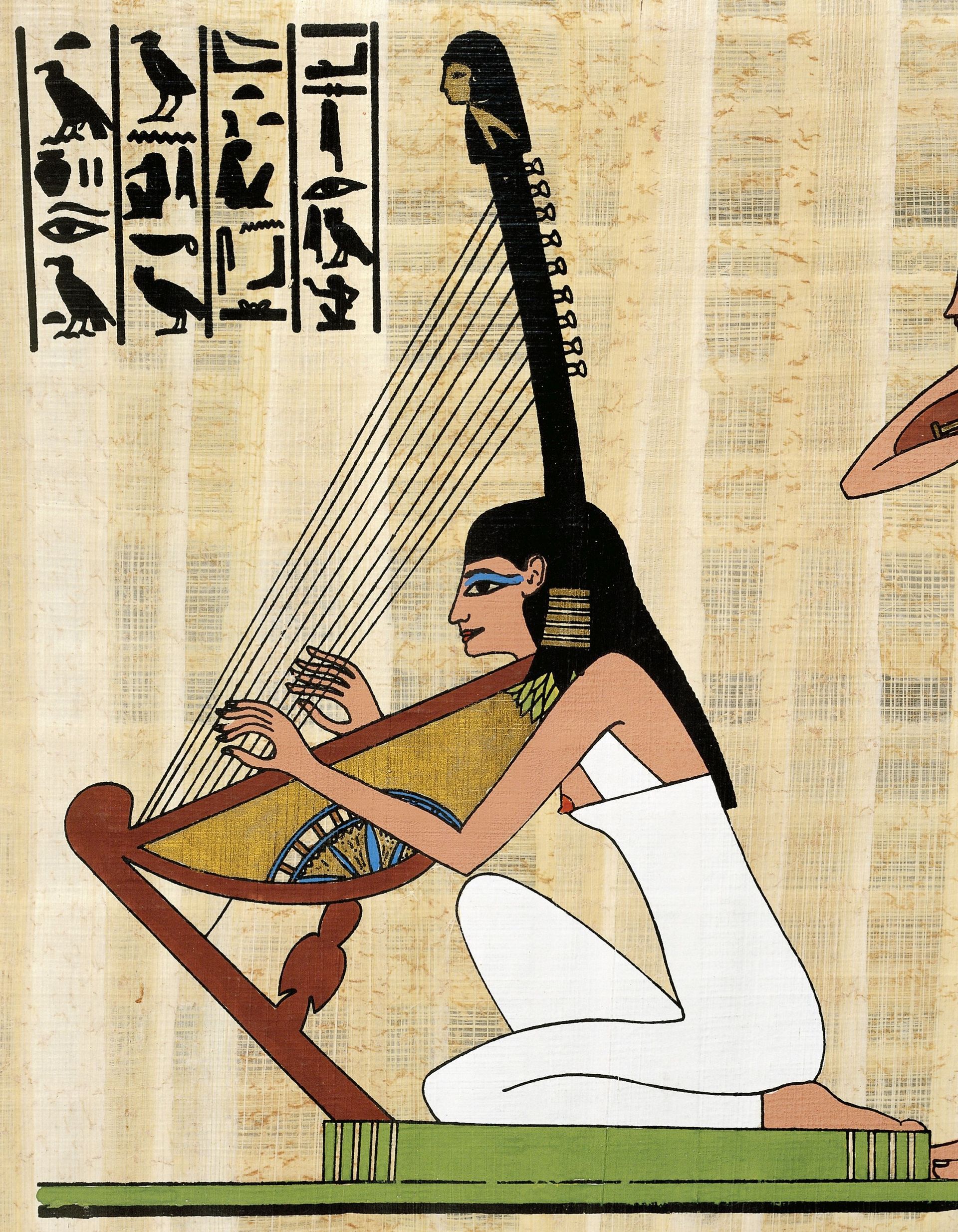 Harp player, papyrus, reconstruction of a fresco from the tomb of Rekhmire at Thebes, original dating from the Dynasty XVIII. Egyptian civilisation.