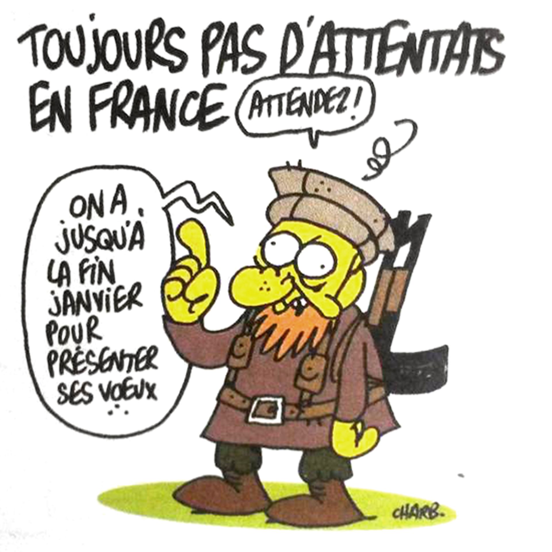 Le dernier dessin de Charb publié dans le numéro de Charlie Hebdo de ce mercredi 7 janvier 2015.