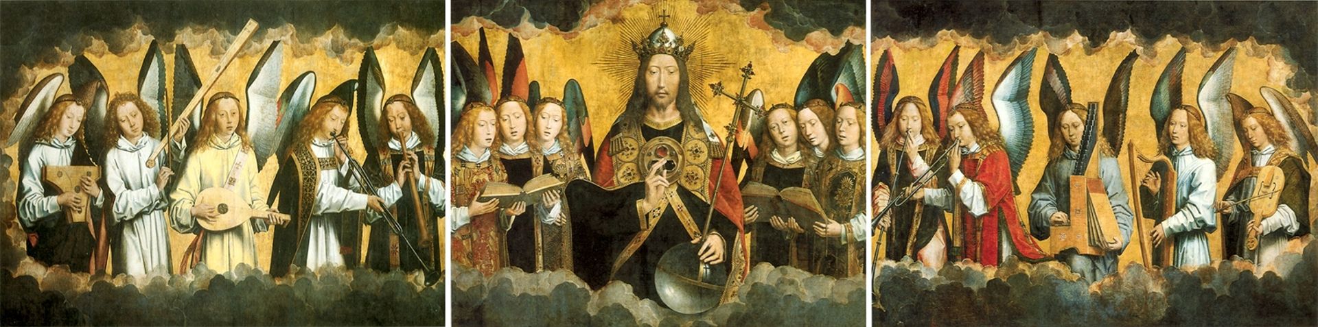 Dieu le Père entouré d’anges chanteurs et musiciens d’Hans Memling, fin du XVe siècle, Musée Royal des Beaux-Arts d’Anvers