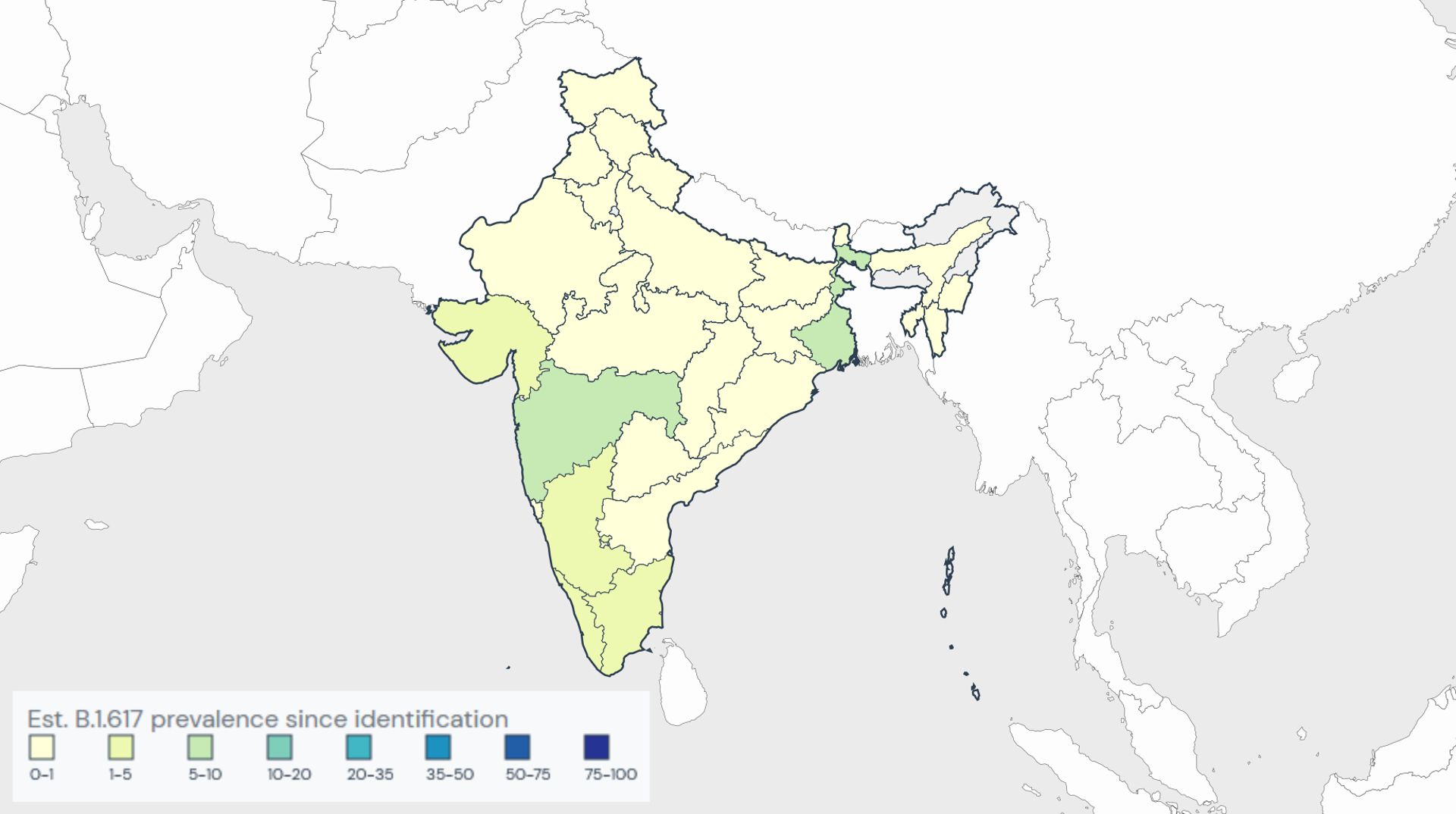 Prévalence (proportion des cas) géographique du variant indien, depuis le début de sa découverte, fin décembre. Cela ne représente donc pas sa prévalence actuelle, qui est proche des 50%, globalement. C’est une estimation plus ou moins précise de la préva
