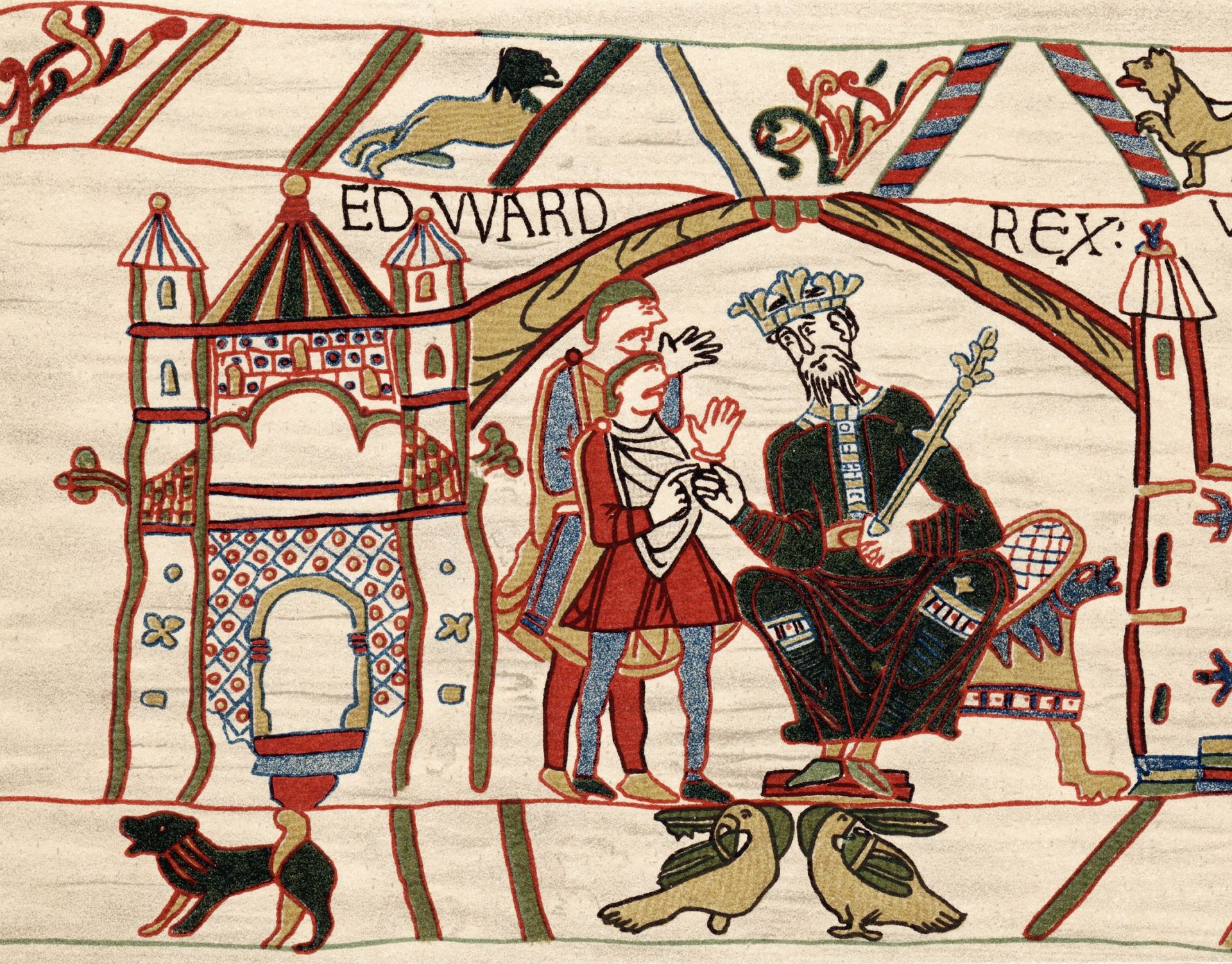 Le roi Edouard (droite) demande à Harold de Wessex (gauche, en jaune et bleu) de partir pour la Normandie