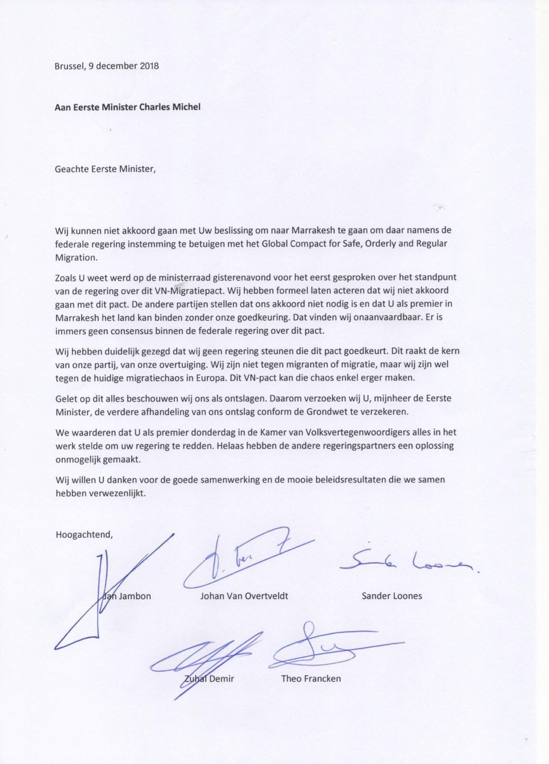Voici le contenu intégral de la lettre de démission des ministres N-VA