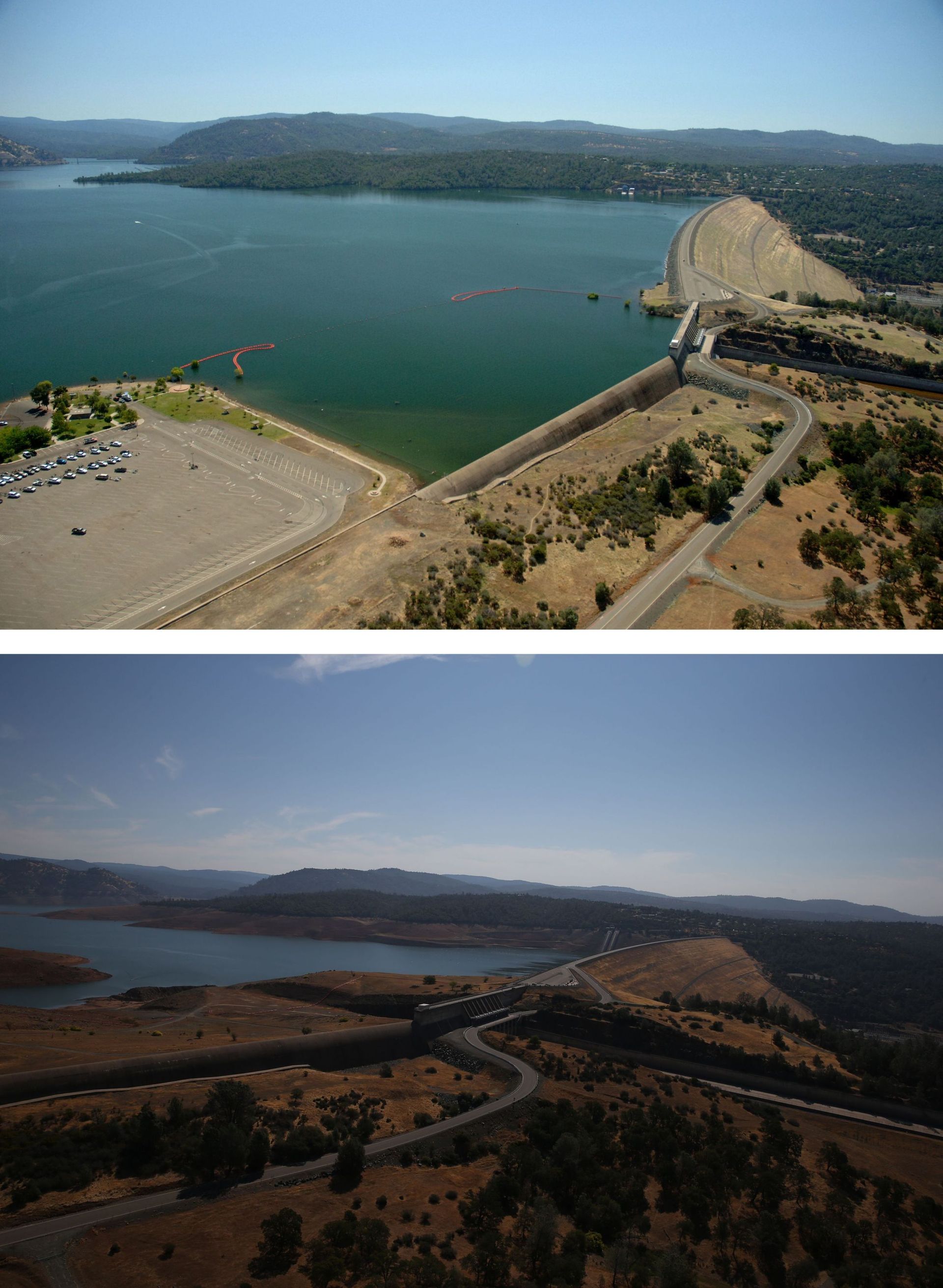 Vues du barrage du Lac d'Oroville le 20 juillet 2011 et le 19 août 2014.