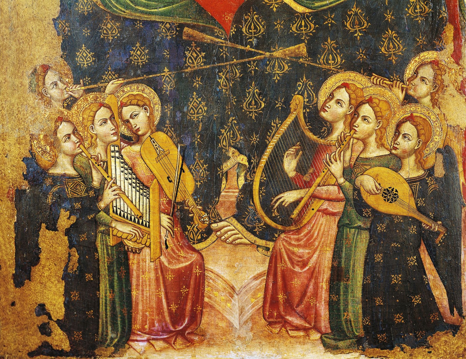 Angels with instruments, detail from the Coronation of the Virgin, 13th-14th century, by the Master of the Corleone Altarpiece. (Photo by DeAgostini/Getty Images)