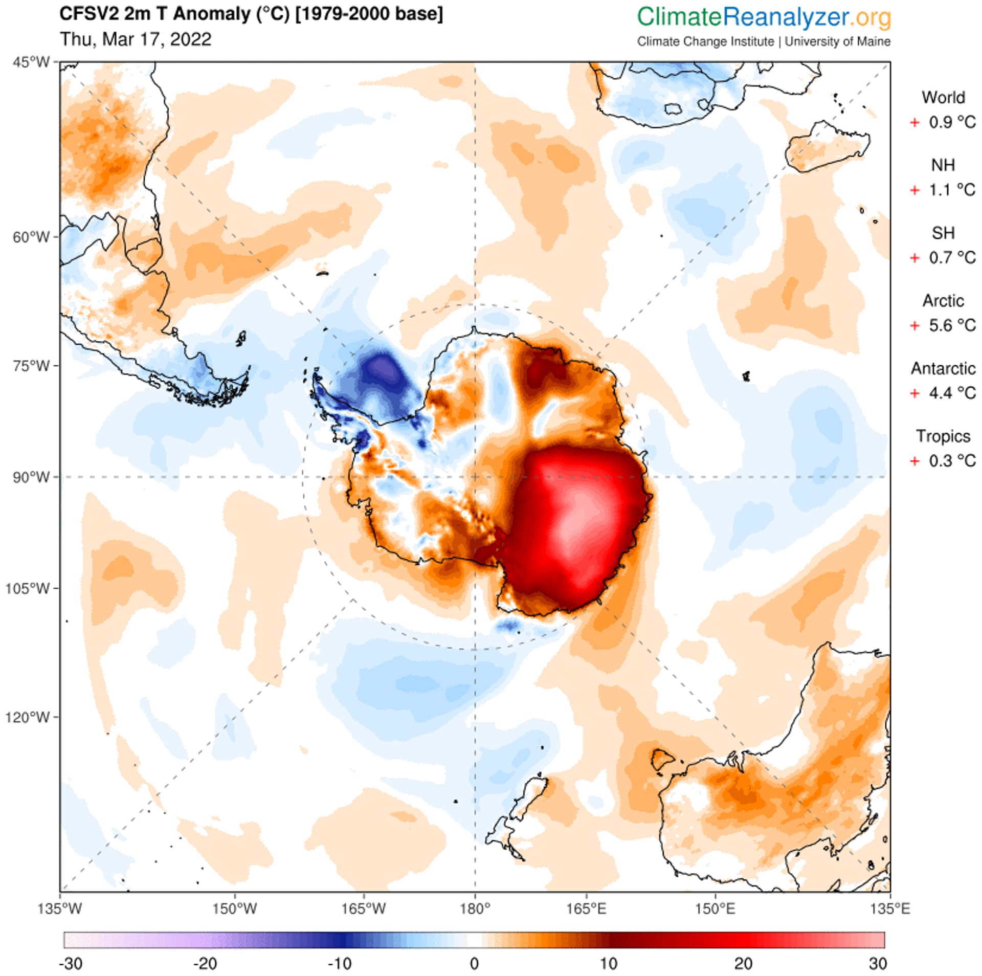 Anomalies de températures en Antarctique le 17 mars 2022