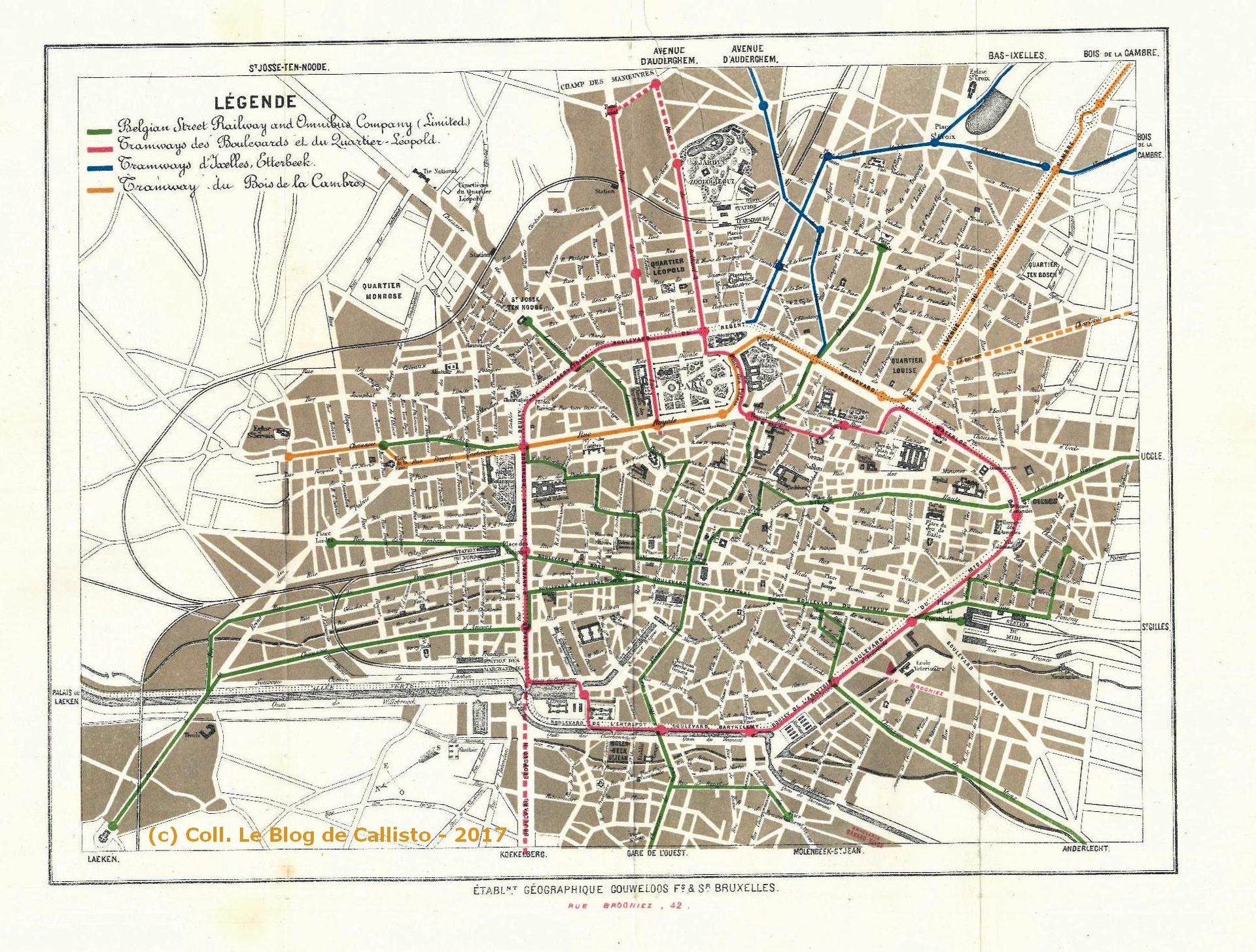Plan du réseau de transport de Bruxelles en 1874.