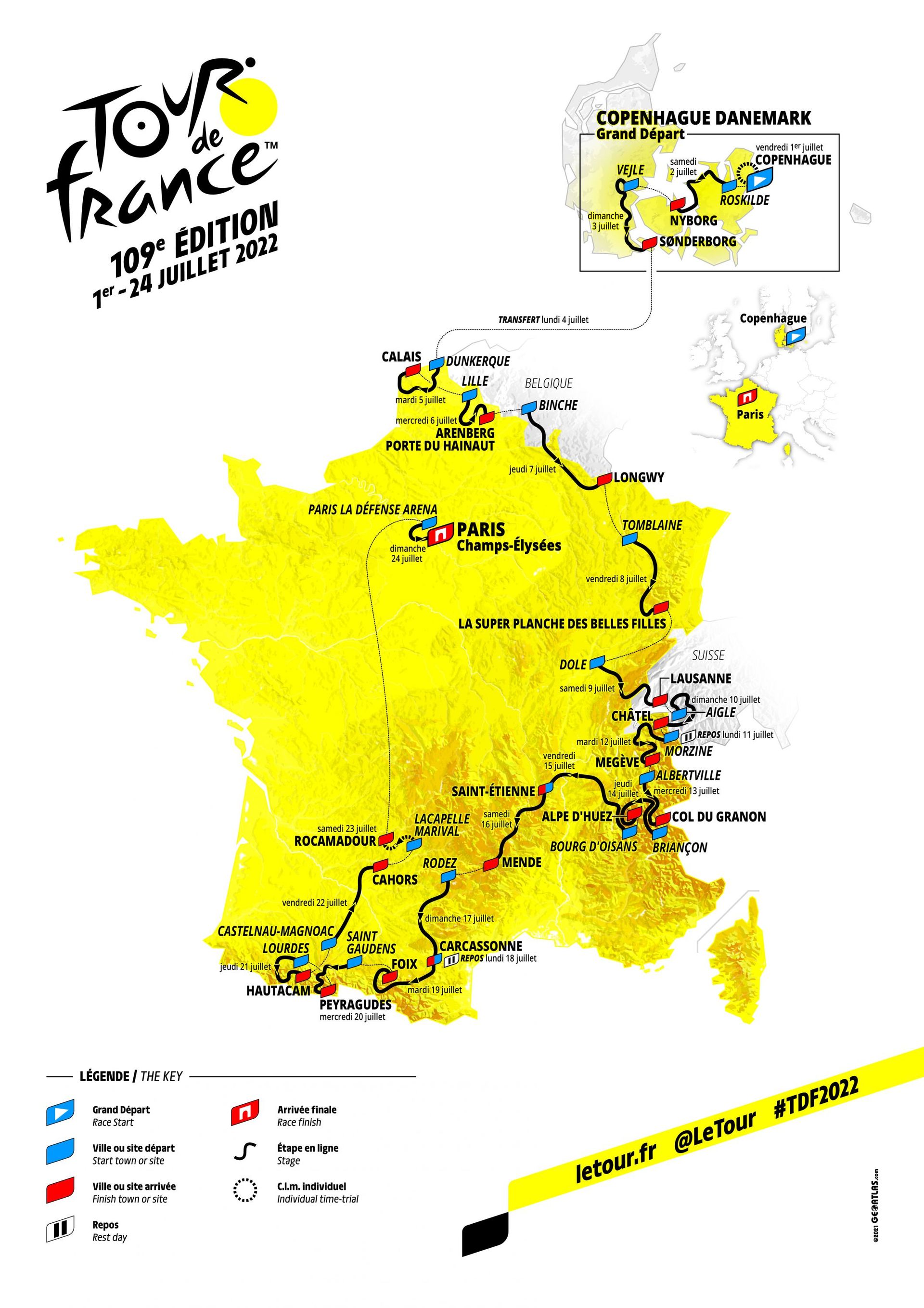 La carte du parcours du Tour de France 2022.