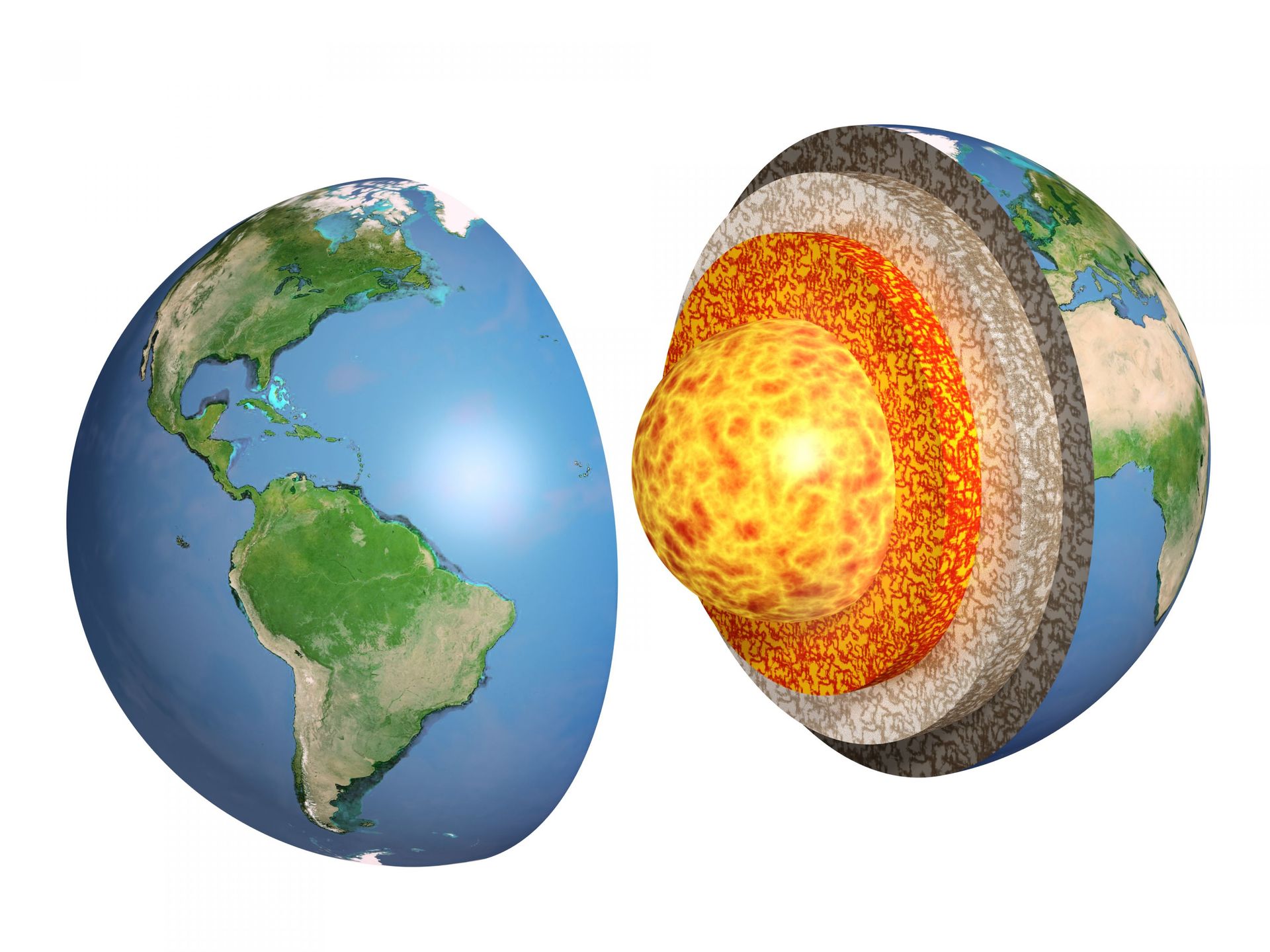 Structure de la terre avec ses différentes couches et son noyau de fer en fusion. 