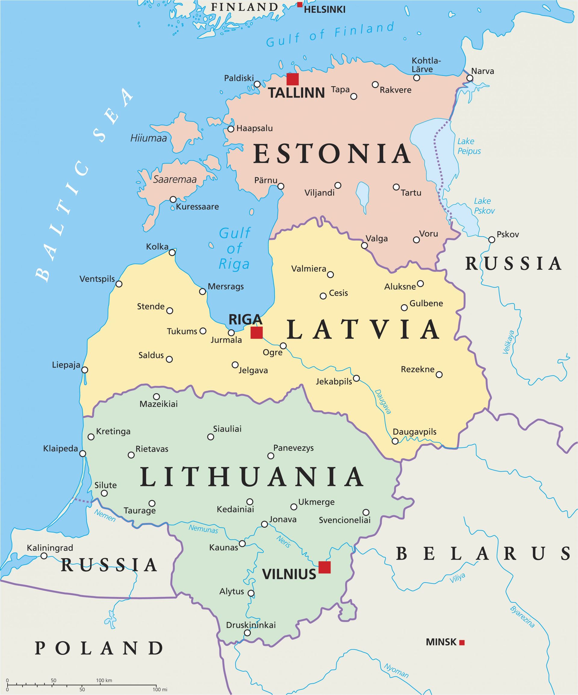 Pays baltes. Au sud de la Lituanie, on peut voir "le corridor de Suwalki", zone frontalière