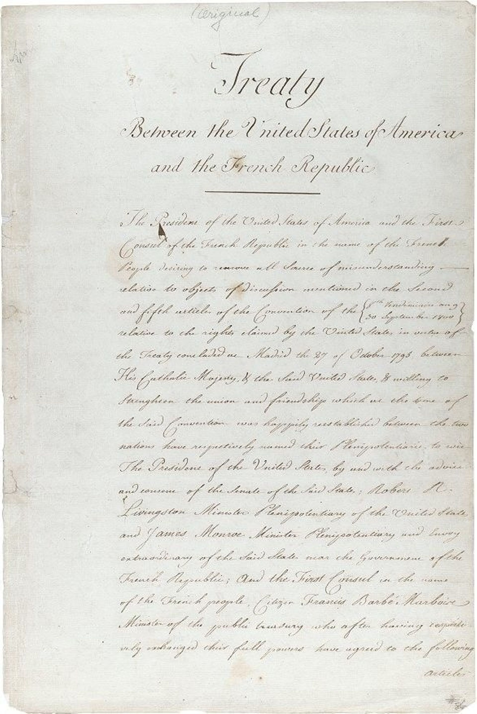 Le traité actant la vente de la Louisiane par la France.