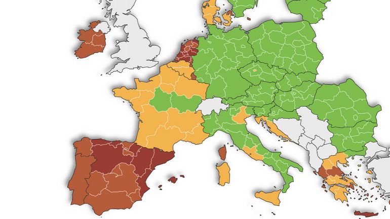 Carte des voyages : Bruxelles passe au rouge, tout comme la Corse, l'Irlande et certaines régions de Grèce (voir notre carte interactive)