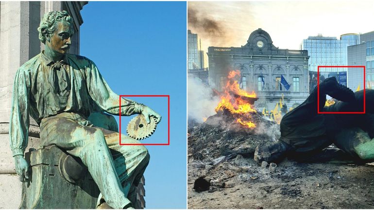 Une statue représentant un ouvrier démontée et brûlée à Bruxelles par des manifestants : 