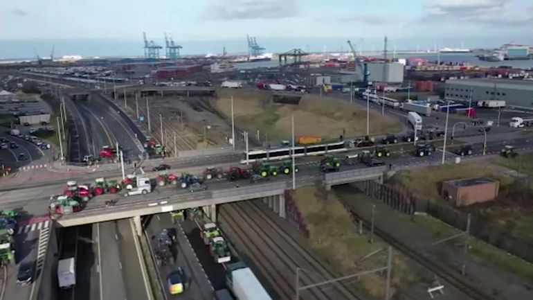 Les agriculteurs bloquent les accès au port de Zeebruges, les files de camions s'allongent.