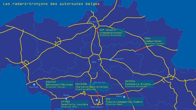 Les radars-tronçons flasheront 24h/24 sur sept autoroutes belges : voici leur emplacement sur une carte