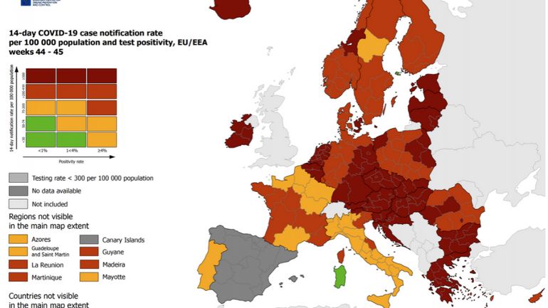 Carte Covid-19 européenne de l'ECDC : de plus en plus de pays passent en rouge foncé