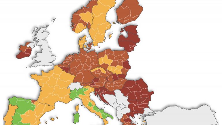 Carte Covid-19 de l'ECDC: la Wallonie et Bruxelles passent au rouge foncé à cause de leur très haute incidence