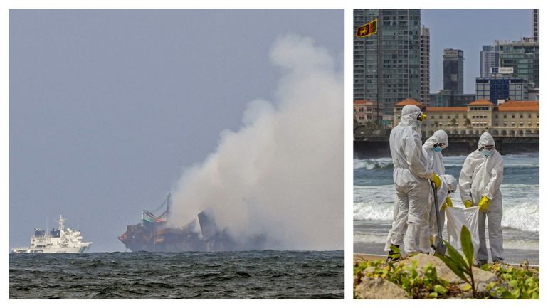 Sri Lanka : l'équipage d'un porte-conteneurs en feu depuis 12 jours interrogé, désastre écologique en cours