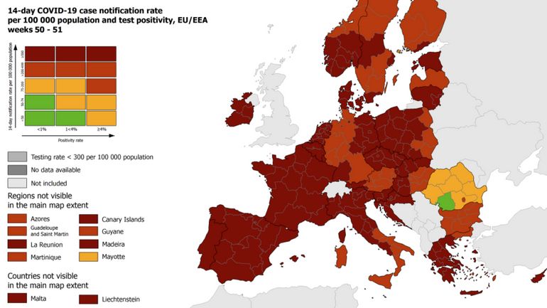 Carte Covid-19 de l'ECDC : le sud de l'Europe totalement en rouge, la Belgique toujours en rouge foncé