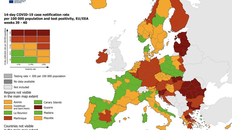 Coronavirus en Europe : Bruxelles et la Wallonie toujours en rouge sur la carte de l'ECDC, les pays de l'Est en rouge foncé