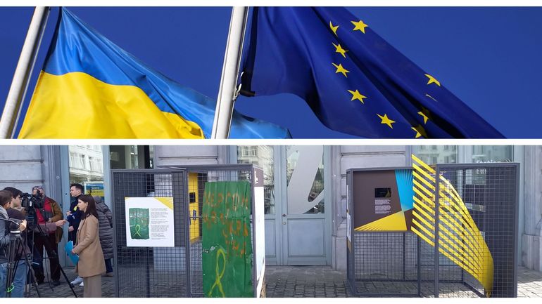 Guerre en Ukraine : le ruban jaune, symbole de résistance civile ukrainienne, s'affiche au pied du Parlement européen